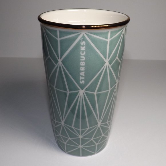 Starbucks Jade Green 12 Oz Ceramic Travel Coffee Cup Spider Web Gold - Picture 1 of 7